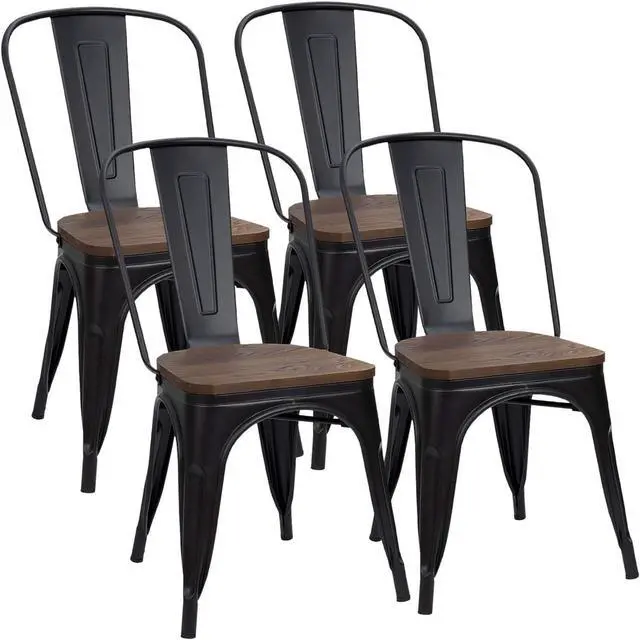Main image of Metal Dining Chairs with Wood Seat, Indoor-Outdoor Use Stackable Chic Dining Bistro Cafe Side Metal Chairs Set of 4(Black)