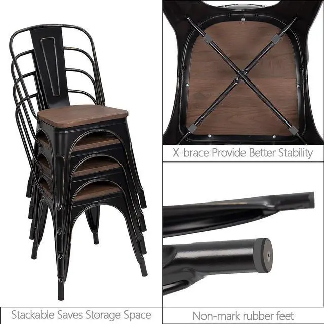 Alt view image 4 of 7 - Metal Dining Chairs with Wood Seat, Indoor-Outdoor Use Stackable Chic Dining Bistro Cafe Side Metal Chairs Set of 4(Black)
