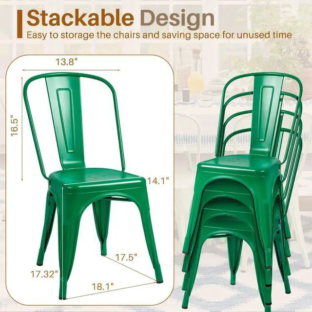 Alt view image 3 of 7 - Metal Dining Chair Indoor Outdoor Use Stackable Classic Trattoria Chair Chic Dining Bistro Cafe Side Metal Chairs Set of 4 (Green)