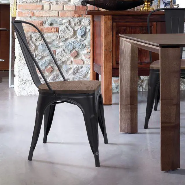 Alt view image 5 of 7 - Metal Dining Chairs with Wood Seat, Indoor-Outdoor Use Stackable Chic Dining Bistro Cafe Side Metal Chairs Set of 4(Black)