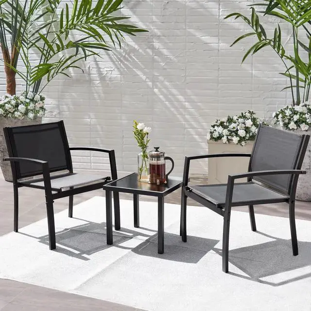 Main image of Patio Chairs 3 Piece Outdoor Textilene Fabric Bistro Conversation Set with Side Table All Weather Porch Furniture for Balcony, Poolside, Lawn (Black)