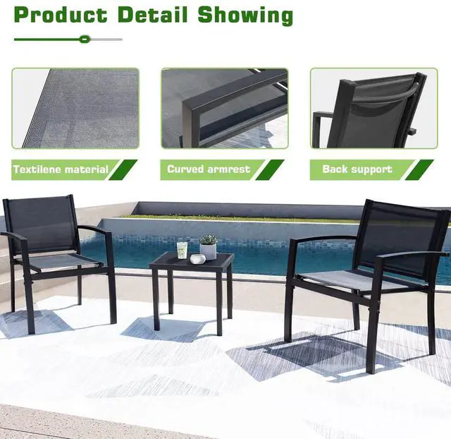 Alt view image 4 of 7 - Patio Chairs 3 Piece Outdoor Textilene Fabric Bistro Conversation Set with Side Table All Weather Porch Furniture for Balcony, Poolside, Lawn (Black)