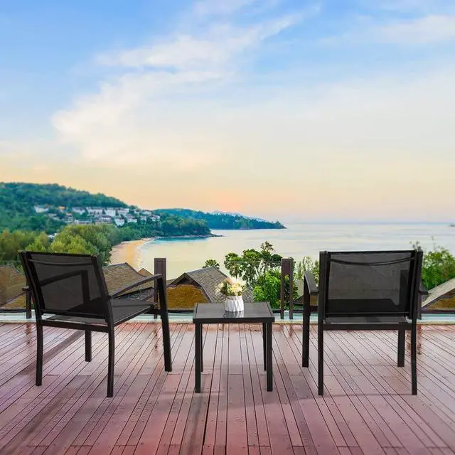 Alt view image 5 of 7 - Patio Chairs 3 Piece Outdoor Textilene Fabric Bistro Conversation Set with Side Table All Weather Porch Furniture for Balcony, Poolside, Lawn (Black)