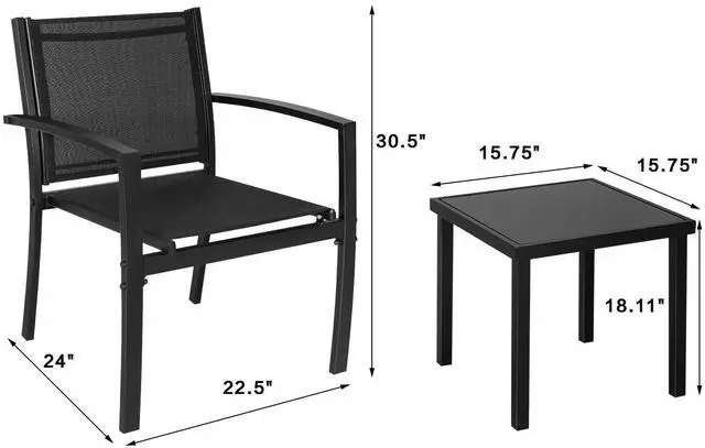 Alt view image 7 of 7 - Patio Chairs 3 Piece Outdoor Textilene Fabric Bistro Conversation Set with Side Table All Weather Porch Furniture for Balcony, Poolside, Lawn (Black)