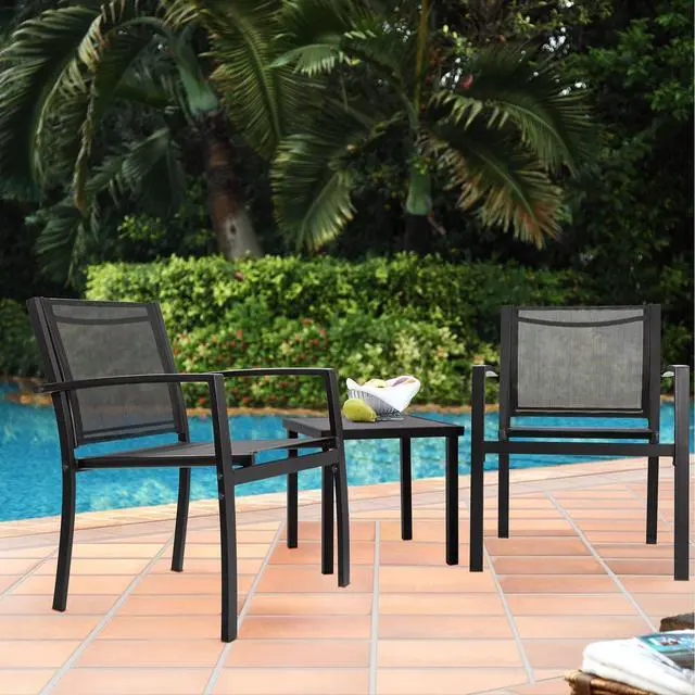 Alt view image 6 of 7 - Patio Chairs 3 Piece Outdoor Textilene Fabric Bistro Conversation Set with Side Table All Weather Porch Furniture for Balcony, Poolside, Lawn (Black)