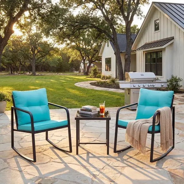 Alt view image 5 of 7 - Patio Chairs 3 Piece Wicker Rocking Chair Outdoor Bistro Sets with Coffee Table and Cushions Metal Frame Patio Furniture for Porch, Balcony, Lawn (Blue)