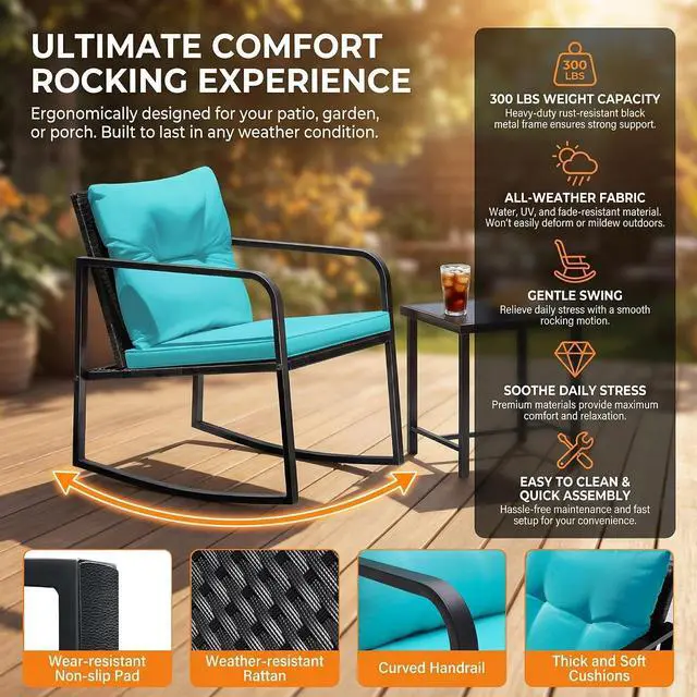 Alt view image 4 of 7 - Patio Chairs 3 Piece Wicker Rocking Chair Outdoor Bistro Sets with Coffee Table and Cushions Metal Frame Patio Furniture for Porch, Balcony, Lawn (Blue)