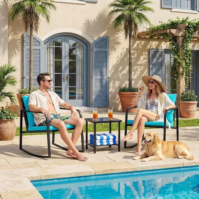 Alt view image 2 of 7 - Patio Chairs 3 Piece Wicker Rocking Chair Outdoor Bistro Sets with Coffee Table and Cushions Metal Frame Patio Furniture for Porch, Balcony, Lawn (Blue)