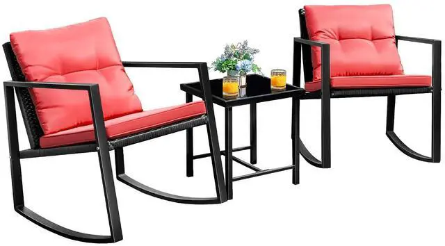 Main image of Patio Chairs 3 Piece Wicker Rocking Chair Outdoor Bistro Sets with Coffee Table and Cushions Metal Frame Patio Furniture for Porch, Balcony, Lawn (Red)