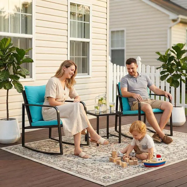 Alt view image 7 of 7 - Patio Chairs 3 Piece Wicker Rocking Chair Outdoor Bistro Sets with Coffee Table and Cushions Metal Frame Patio Furniture for Porch, Balcony, Lawn (Blue)