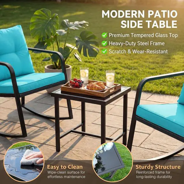 Alt view image 3 of 7 - Patio Chairs 3 Piece Wicker Rocking Chair Outdoor Bistro Sets with Coffee Table and Cushions Metal Frame Patio Furniture for Porch, Balcony, Lawn (Blue)