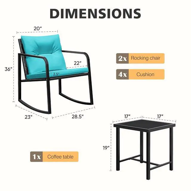 Alt view image 6 of 7 - Patio Chairs 3 Piece Wicker Rocking Chair Outdoor Bistro Sets with Coffee Table and Cushions Metal Frame Patio Furniture for Porch, Balcony, Lawn (Blue)