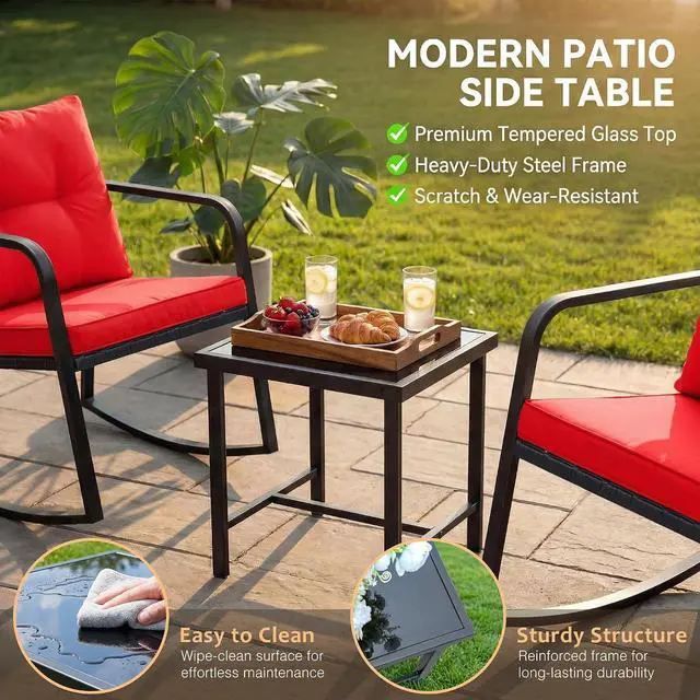Alt view image 3 of 7 - Patio Chairs 3 Piece Wicker Rocking Chair Outdoor Bistro Sets with Coffee Table and Cushions Metal Frame Patio Furniture for Porch, Balcony, Lawn (Red)