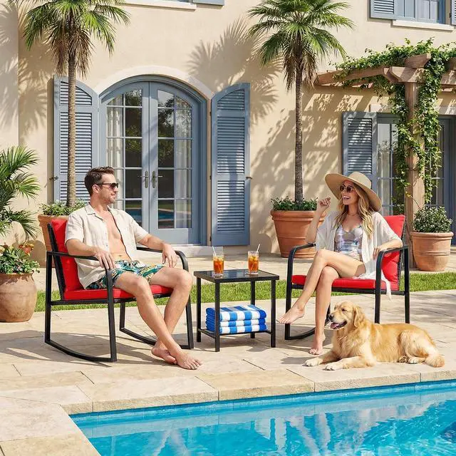 Alt view image 2 of 7 - Patio Chairs 3 Piece Wicker Rocking Chair Outdoor Bistro Sets with Coffee Table and Cushions Metal Frame Patio Furniture for Porch, Balcony, Lawn (Red)