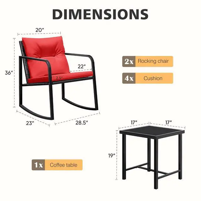 Alt view image 6 of 7 - Patio Chairs 3 Piece Wicker Rocking Chair Outdoor Bistro Sets with Coffee Table and Cushions Metal Frame Patio Furniture for Porch, Balcony, Lawn (Red)