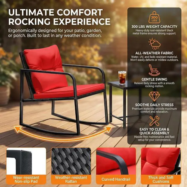 Alt view image 4 of 7 - Patio Chairs 3 Piece Wicker Rocking Chair Outdoor Bistro Sets with Coffee Table and Cushions Metal Frame Patio Furniture for Porch, Balcony, Lawn (Red)