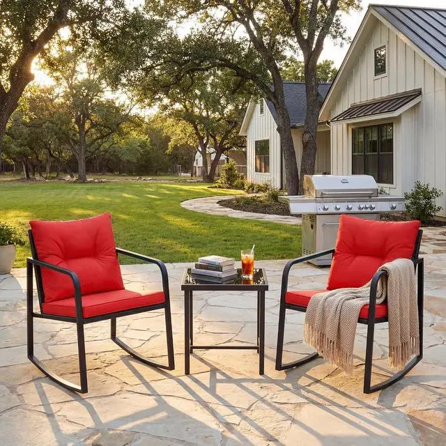 Alt view image 5 of 7 - Patio Chairs 3 Piece Wicker Rocking Chair Outdoor Bistro Sets with Coffee Table and Cushions Metal Frame Patio Furniture for Porch, Balcony, Lawn (Red)