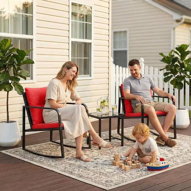 Alt view image 7 of 7 - Patio Chairs 3 Piece Wicker Rocking Chair Outdoor Bistro Sets with Coffee Table and Cushions Metal Frame Patio Furniture for Porch, Balcony, Lawn (Red)