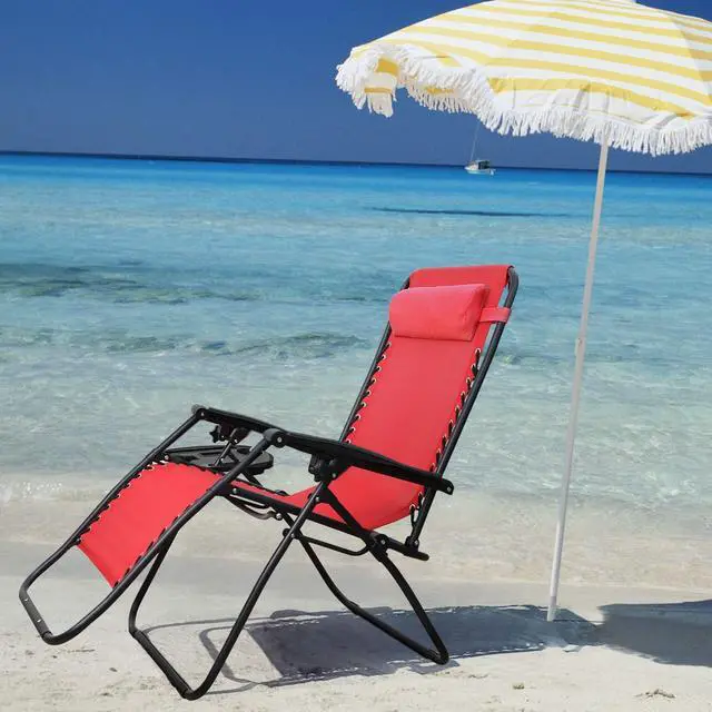 Alt view image 2 of 7 - Patio Zero Gravity Chair Outdoor Folding Lounge Chair Recliners Adjustable Lawn Lounge Chair with Pillow for Poolside, Yard and Camping (Red)