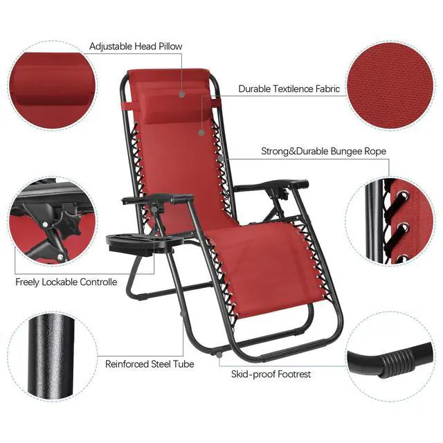 Alt view image 4 of 7 - Patio Zero Gravity Chair Outdoor Folding Lounge Chair Recliners Adjustable Lawn Lounge Chair with Pillow for Poolside, Yard and Camping (Red)