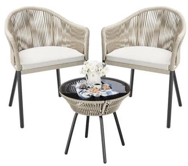 Main image of 3 Piece Patio Set Outdoor Wicker Patio Chairs with Coffee Table & Cushions Bistro Conversation Set Porch Furniture for Patio, Balcony, Deck, Backyard