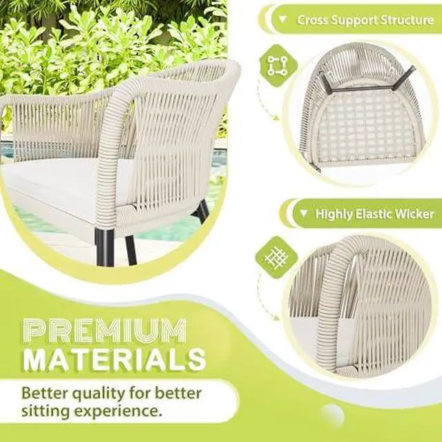 Alt view image 3 of 6 - 3 Piece Patio Set Outdoor Wicker Patio Chairs with Coffee Table & Cushions Bistro Conversation Set Porch Furniture for Patio, Balcony, Deck, Backyard