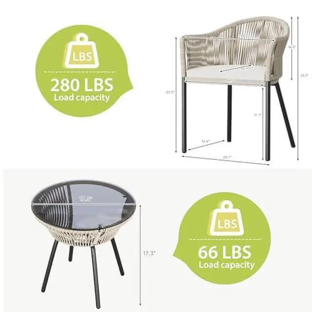 Alt view image 5 of 6 - 3 Piece Patio Set Outdoor Wicker Patio Chairs with Coffee Table & Cushions Bistro Conversation Set Porch Furniture for Patio, Balcony, Deck, Backyard