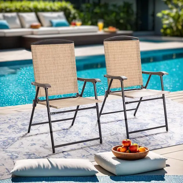 Alt view image 6 of 7 - Patio Chairs Outdoor Chairs Set of 2 Portable Folding Sling Chair for Lawn Camping Yard Beach