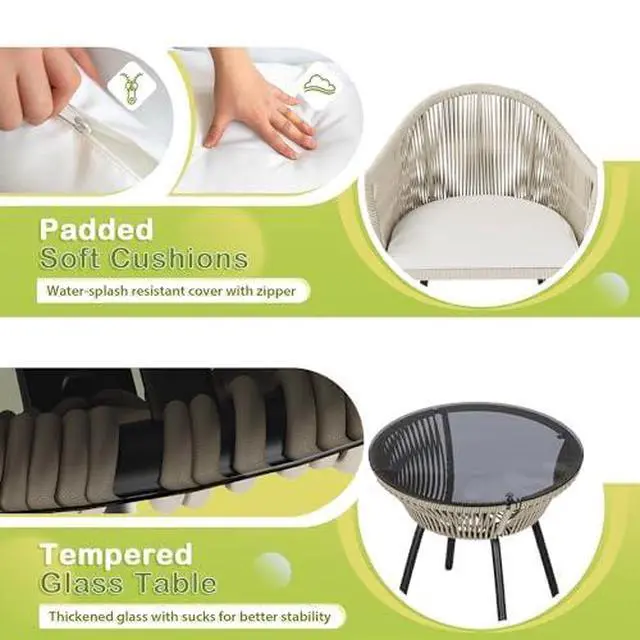 Alt view image 4 of 6 - 3 Piece Patio Set Outdoor Wicker Patio Chairs with Coffee Table & Cushions Bistro Conversation Set Porch Furniture for Patio, Balcony, Deck, Backyard