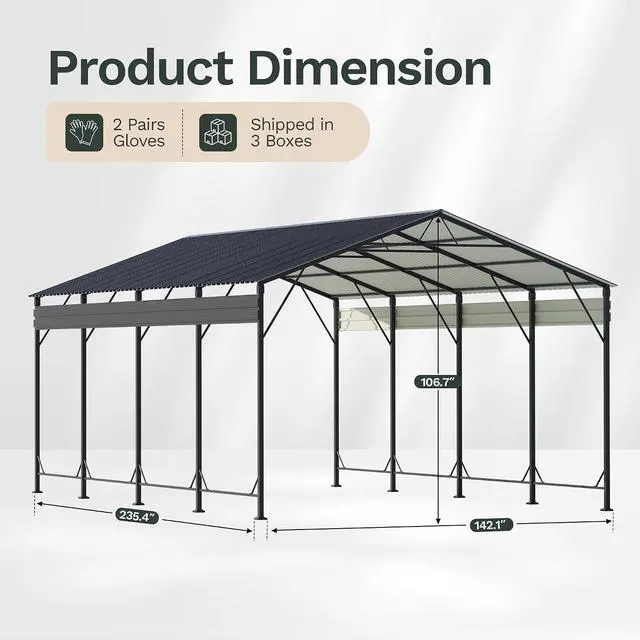 Alt view image 3 of 7 - 12x20 FT Metal Carport, Heavy Duty Car Canopy with Galvanized Steel Roof, Reinforced Base Frame, All-Weather Garage, Outdoor Shelter for Cars, Trucks, Boats, Tractors & RV (Black)