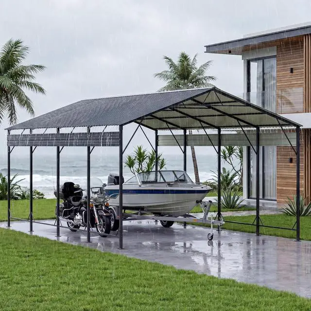 Alt view image 2 of 7 - 12x20 FT Metal Carport, Heavy Duty Car Canopy with Galvanized Steel Roof, Reinforced Base Frame, All-Weather Garage, Outdoor Shelter for Cars, Trucks, Boats, Tractors & RV (Black)