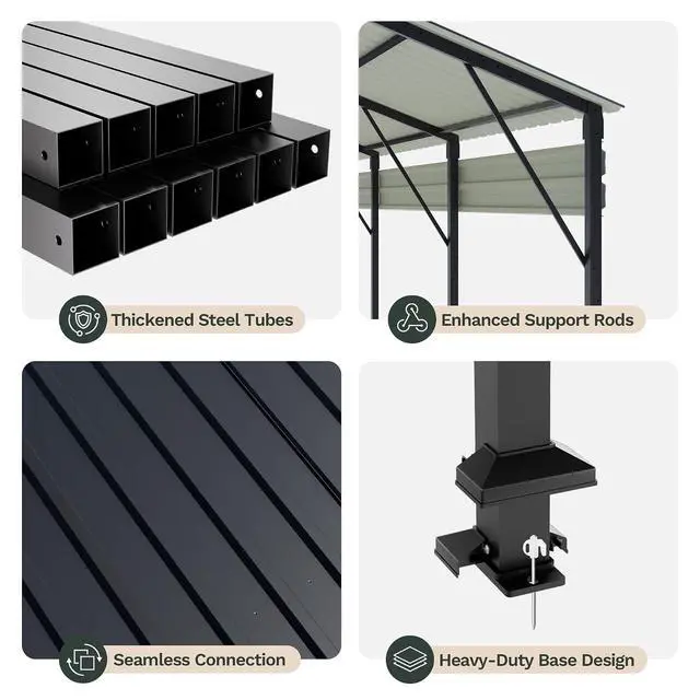 Alt view image 6 of 7 - 12x20 FT Metal Carport, Heavy Duty Car Canopy with Galvanized Steel Roof, Reinforced Base Frame, All-Weather Garage, Outdoor Shelter for Cars, Trucks, Boats, Tractors & RV (Black)