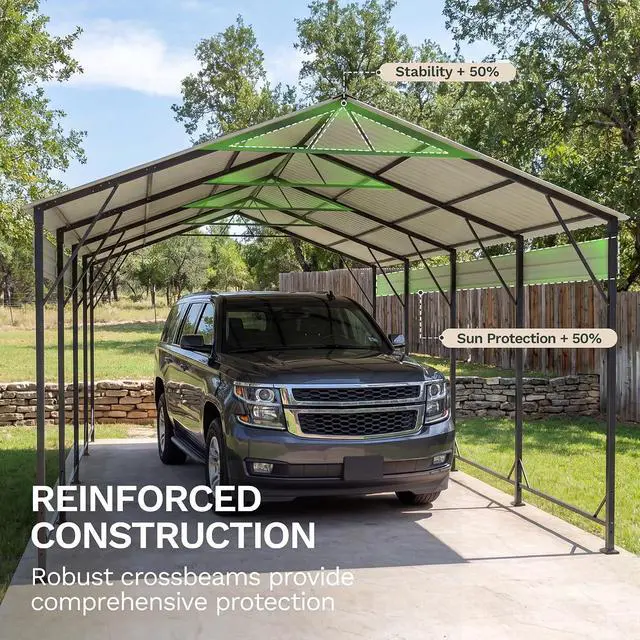 Alt view image 4 of 7 - 12x20 FT Metal Carport, Heavy Duty Car Canopy with Galvanized Steel Roof, Reinforced Base Frame, All-Weather Garage, Outdoor Shelter for Cars, Trucks, Boats, Tractors & RV (Black)