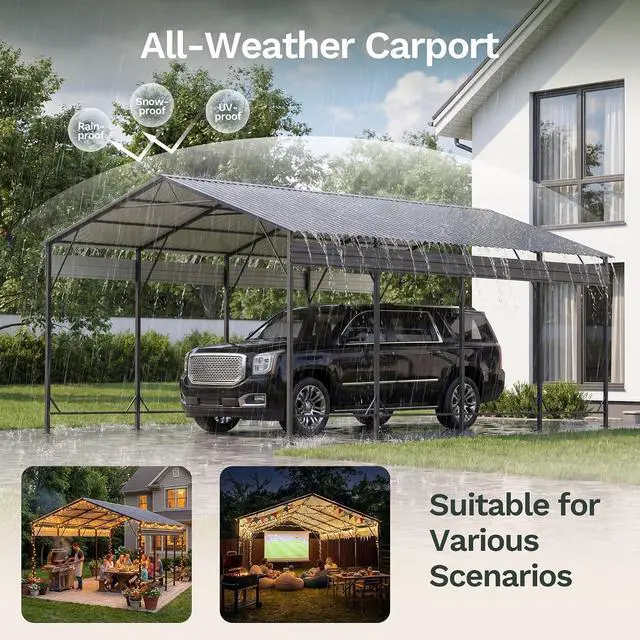 Alt view image 5 of 7 - 12x20 FT Metal Carport, Heavy Duty Car Canopy with Galvanized Steel Roof, Reinforced Base Frame, All-Weather Garage, Outdoor Shelter for Cars, Trucks, Boats, Tractors & RV (Black)
