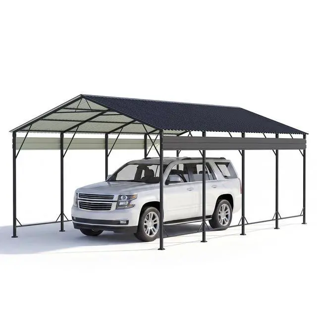 Alt view image 7 of 7 - 12x20 FT Metal Carport, Heavy Duty Car Canopy with Galvanized Steel Roof, Reinforced Base Frame, All-Weather Garage, Outdoor Shelter for Cars, Trucks, Boats, Tractors & RV (Black)