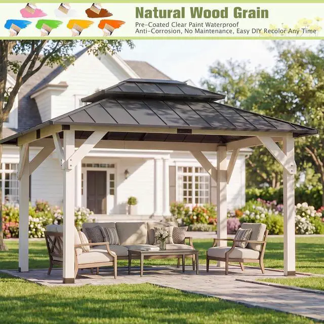 Alt view image 2 of 7 - 10' x 12' Wooden Gazebo,Patio Hardtop Gazebo Wood,DIY Color Permanent Pavilion with Galvanized Steel Double Metal Roof for Backyard, Deck(Windproof, Snow-Load Bearing, Waterproof, Rustproof)