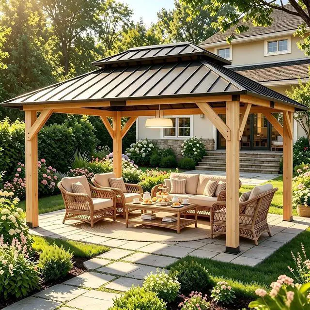 Main image of 10' x 12' Wooden Gazebo,Patio Hardtop Gazebo Wood,DIY Color Permanent Pavilion with Galvanized Steel Double Metal Roof for Backyard, Deck(Windproof, Snow-Load Bearing, Waterproof, Rustproof)