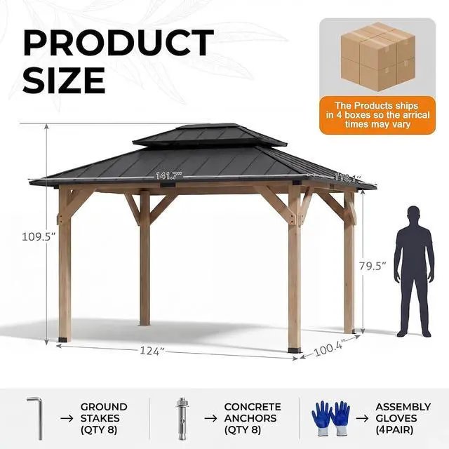 Alt view image 6 of 7 - 10' x 12' Wooden Gazebo,Patio Hardtop Gazebo Wood,DIY Color Permanent Pavilion with Galvanized Steel Double Metal Roof for Backyard, Deck(Windproof, Snow-Load Bearing, Waterproof, Rustproof)