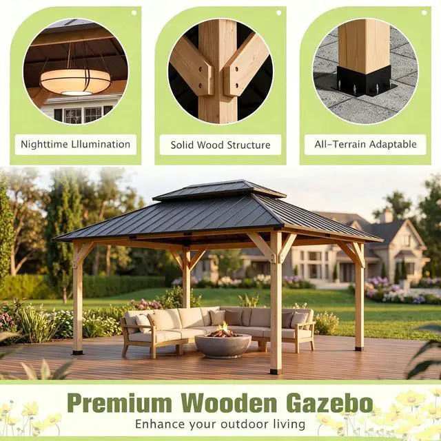 Alt view image 5 of 7 - 10' x 12' Wooden Gazebo,Patio Hardtop Gazebo Wood,DIY Color Permanent Pavilion with Galvanized Steel Double Metal Roof for Backyard, Deck(Windproof, Snow-Load Bearing, Waterproof, Rustproof)