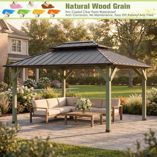 Alt view image 2 of 7 - 12' x 16' Wood Gazebo,Outdoor Hardtop Gazebo Wooden,DIY Color Permanent Pavilion with Galvanized Steel Double Metal Roof for Backyard, Garden(Windproof, Snow-load Bearing, Waterproof, Rustproof)