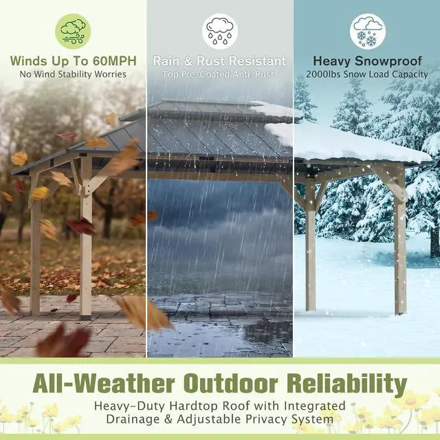 Alt view image 6 of 7 - 12' x 16' Wood Gazebo,Outdoor Hardtop Gazebo Wooden,DIY Color Permanent Pavilion with Galvanized Steel Double Metal Roof for Backyard, Garden(Windproof, Snow-load Bearing, Waterproof, Rustproof)