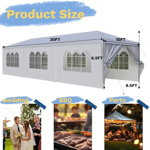 Alt view image 3 of 7 - 10'x30' Heavy Duty Waterproof Party Tent Large Outdoor Gazebo with Removable Sidewalls & 2 Doors for Weddings, Markets & Gatherings (White)