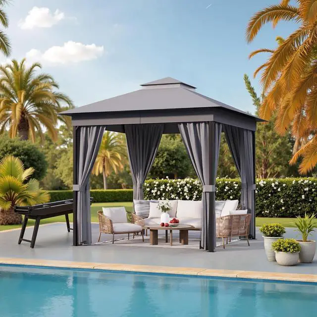 Main image of Outdoor 8'x 8' Gazebo,Small Soft Top Deck Gazebo with Mosquito Netting, Heavy Duty Metal Frame Canopy with Expansion Bolts and Double RoofsParty Tent & Shelte for Backyard, Garden (Grey)