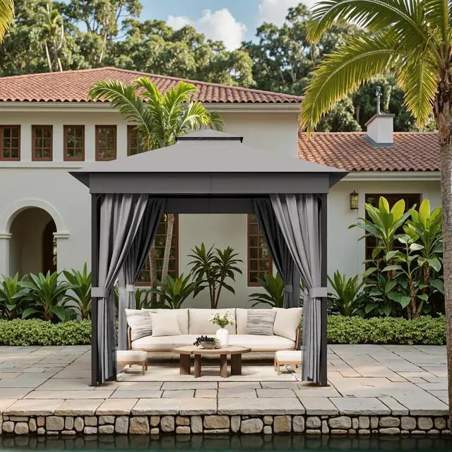 Alt view image 3 of 7 - Outdoor 8'x 8' Gazebo,Small Soft Top Deck Gazebo with Mosquito Netting, Heavy Duty Metal Frame Canopy with Expansion Bolts and Double RoofsParty Tent & Shelte for Backyard, Garden (Grey)
