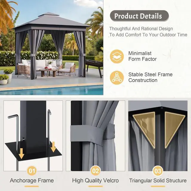 Alt view image 4 of 7 - Outdoor 8'x 8' Gazebo,Small Soft Top Deck Gazebo with Mosquito Netting, Heavy Duty Metal Frame Canopy with Expansion Bolts and Double RoofsParty Tent & Shelte for Backyard, Garden (Grey)