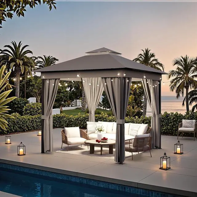 Alt view image 5 of 7 - Outdoor 8'x 8' Gazebo,Small Soft Top Deck Gazebo with Mosquito Netting, Heavy Duty Metal Frame Canopy with Expansion Bolts and Double RoofsParty Tent & Shelte for Backyard, Garden (Grey)