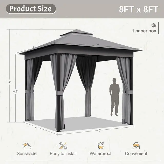 Alt view image 6 of 7 - Outdoor 8'x 8' Gazebo,Small Soft Top Deck Gazebo with Mosquito Netting, Heavy Duty Metal Frame Canopy with Expansion Bolts and Double RoofsParty Tent & Shelte for Backyard, Garden (Grey)