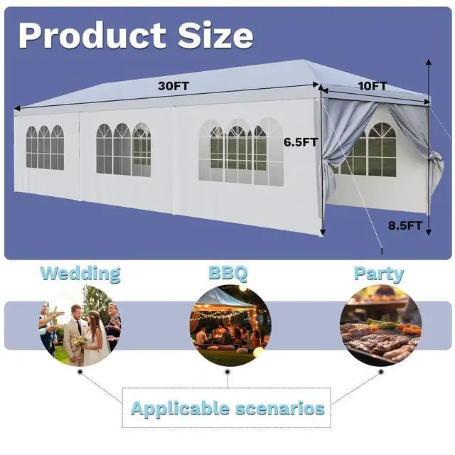 Alt view image 4 of 7 - 10x30FT Party Tent, Heavy Duty Outdoor Canopy Wedding Tent with 8 Sidewalls & UV Protection, Waterproof Portable Gazebo Shelter for Commercial Events, Backyard, Patio, White