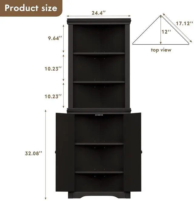 Alt view image 2 of 7 - Corner Cabinet, Freestanding Corner Shelf with 2 Doors and 3 Shelves, Bathroom Corner Storage Cabinet for Bathroom, Living Room, Kitchen (Espresso)