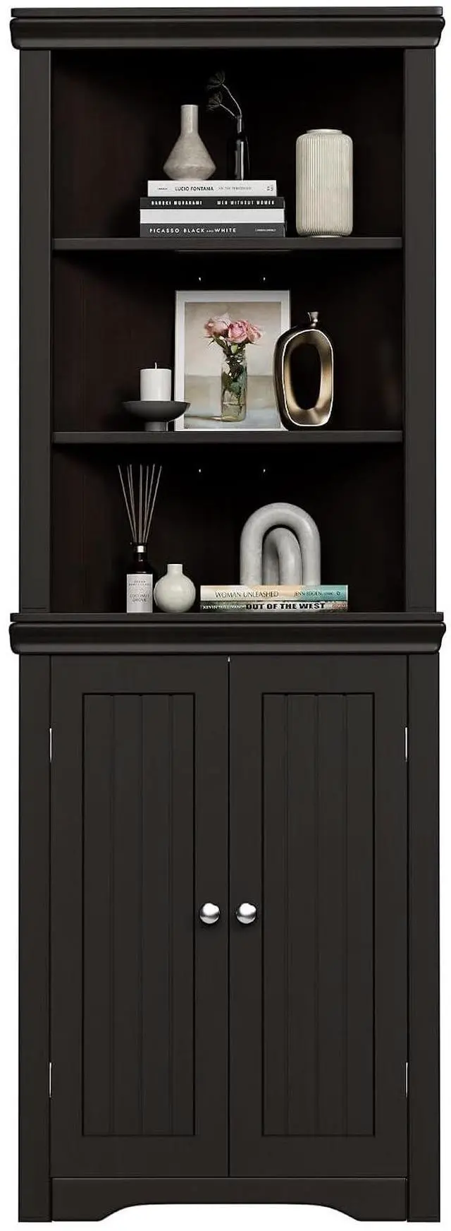 Alt view image 3 of 7 - Corner Cabinet, Freestanding Corner Shelf with 2 Doors and 3 Shelves, Bathroom Corner Storage Cabinet for Bathroom, Living Room, Kitchen (Espresso)